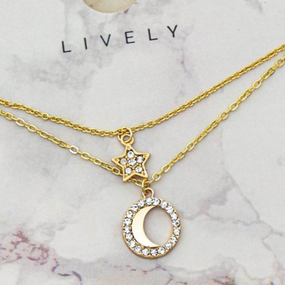 NEW Gold Moon Star Pendant Double Dainty Necklace - Picture 7 of 8
